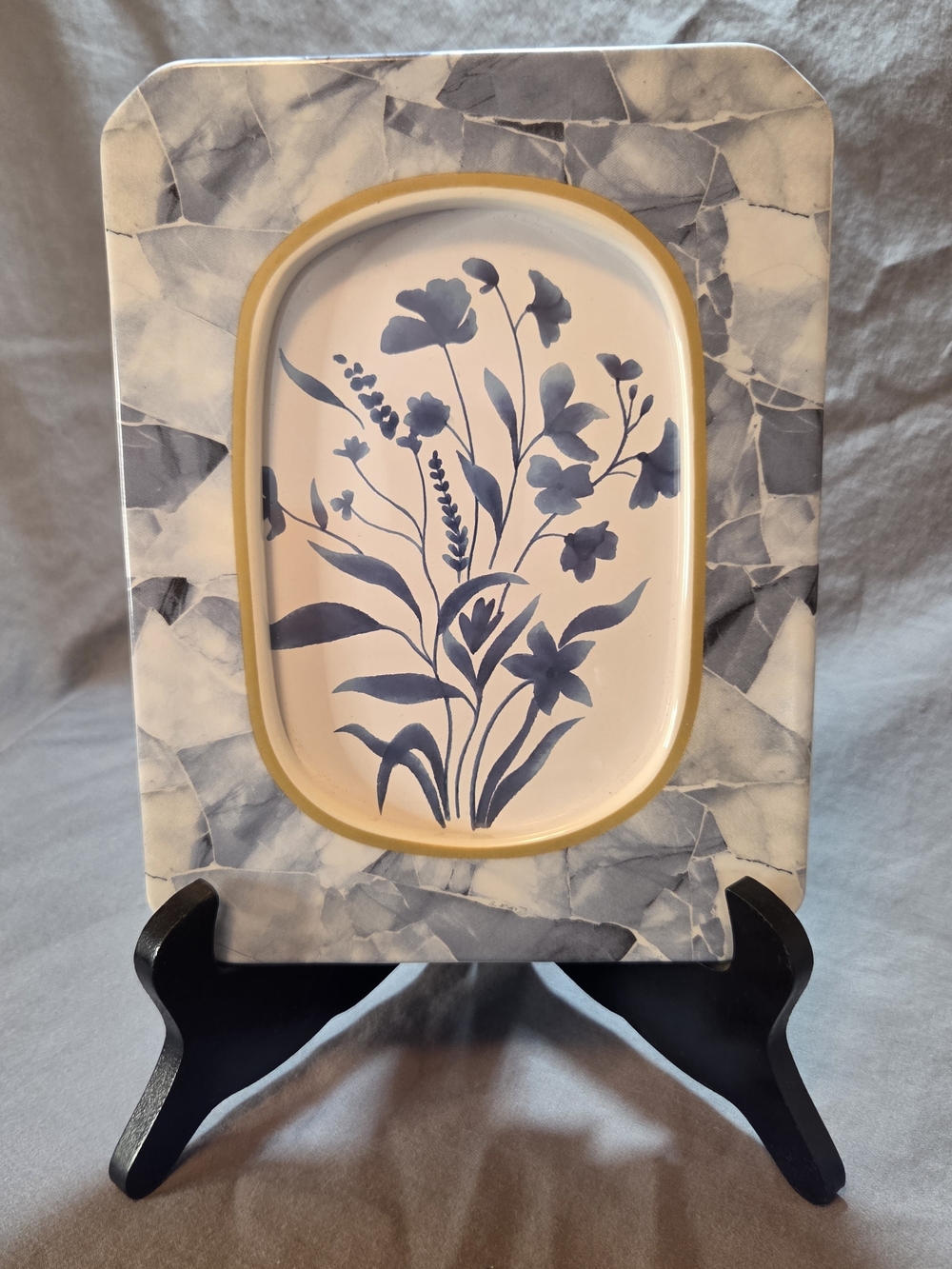 Blue White Ceramic Picture Frame Oval Photo Window Marble Mosaic Cottagecore
